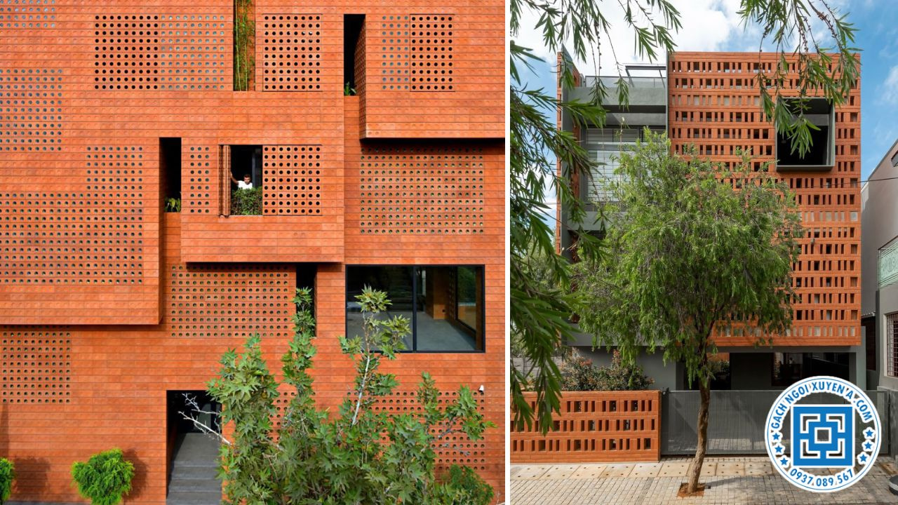 Mặt tiền nhà gạch thẻ không tô nổi bật với cây xanh bao quanh